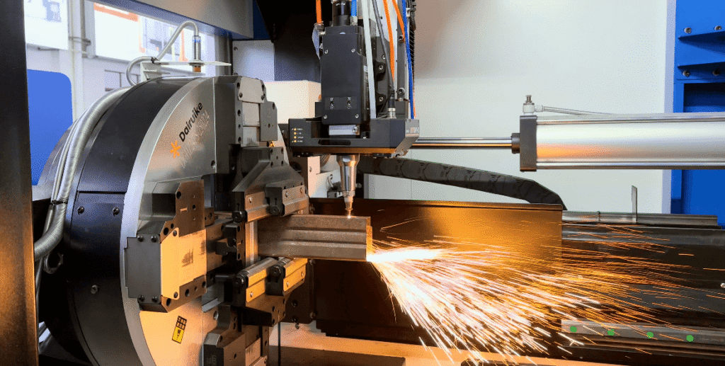 Laser cutting channel steel, sparks flying