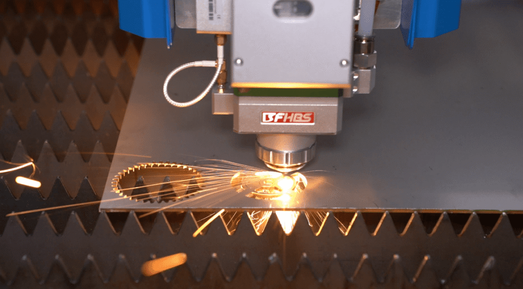 Enclosed fiber laser cutter with intelligent gas path control system.