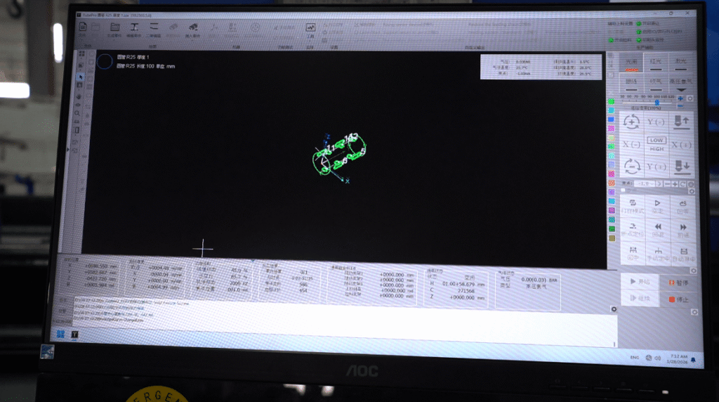 Laser pipe cutting machine CNC control software interface showing tube cutting design
