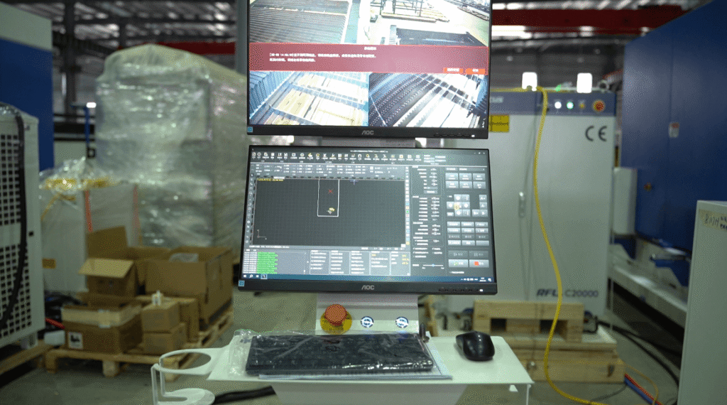 CNC control system monitor and console of laser cutting machine.