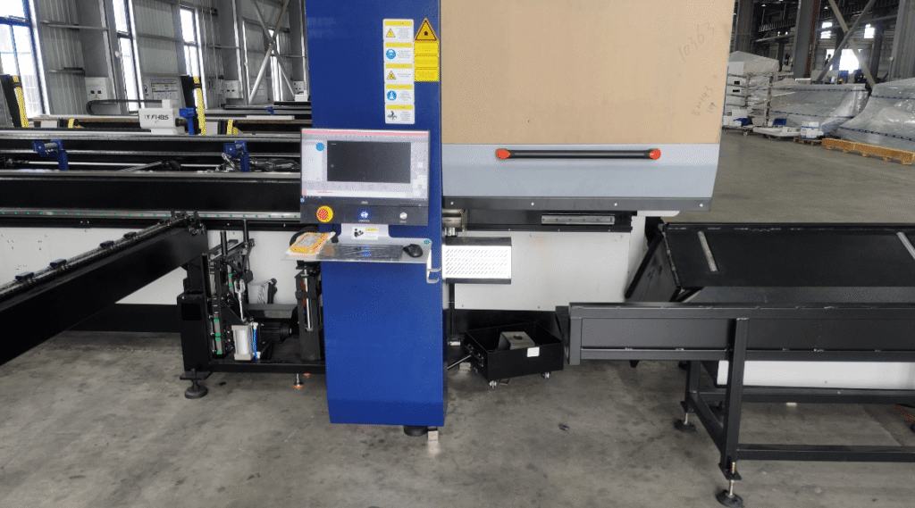 High-speed fiber laser cutting metal process with sparks.