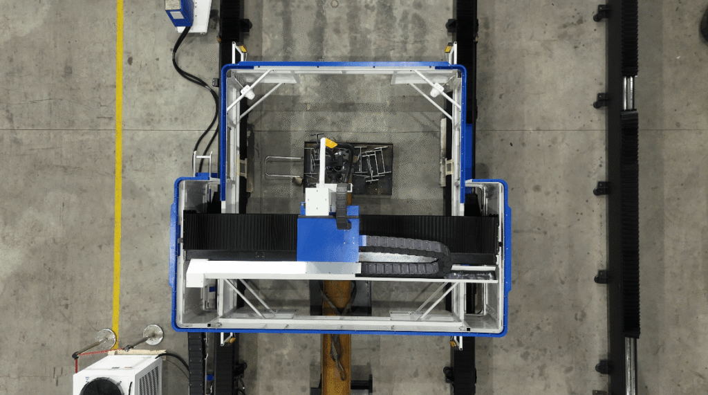 Fiber laser cutting metal machine with shuttle table.