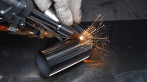 Baison laser welding machine performing stainless steel pipe butt welding.