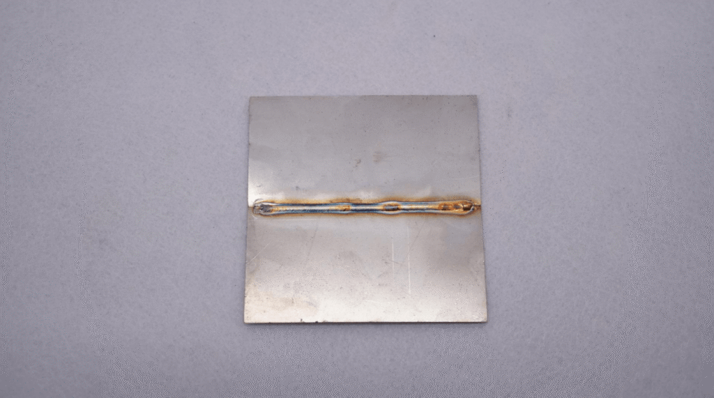 Flat and clean thin metal sheet weld seam finished by a smart laser welding machine.
