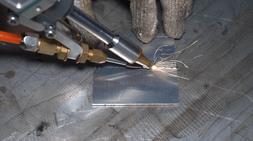 Smart fiber laser welding machine doing sheet metal wire-feed welding.