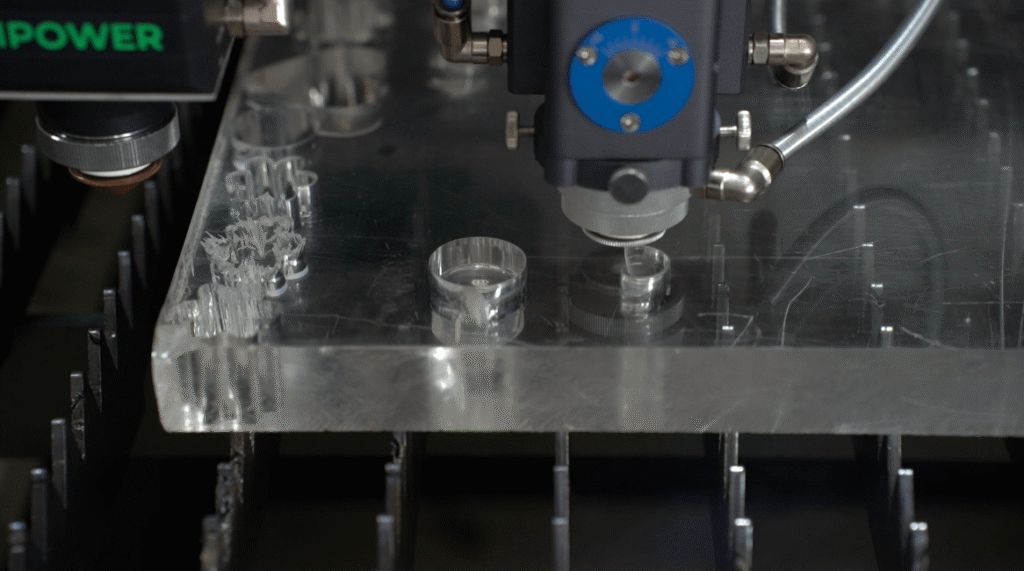 Laser cutting thick acrylic close up