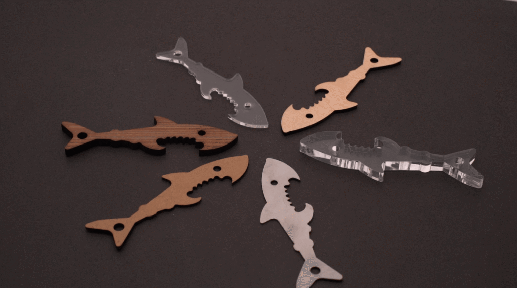 Laser cut shark crafts in acrylic wood and metal