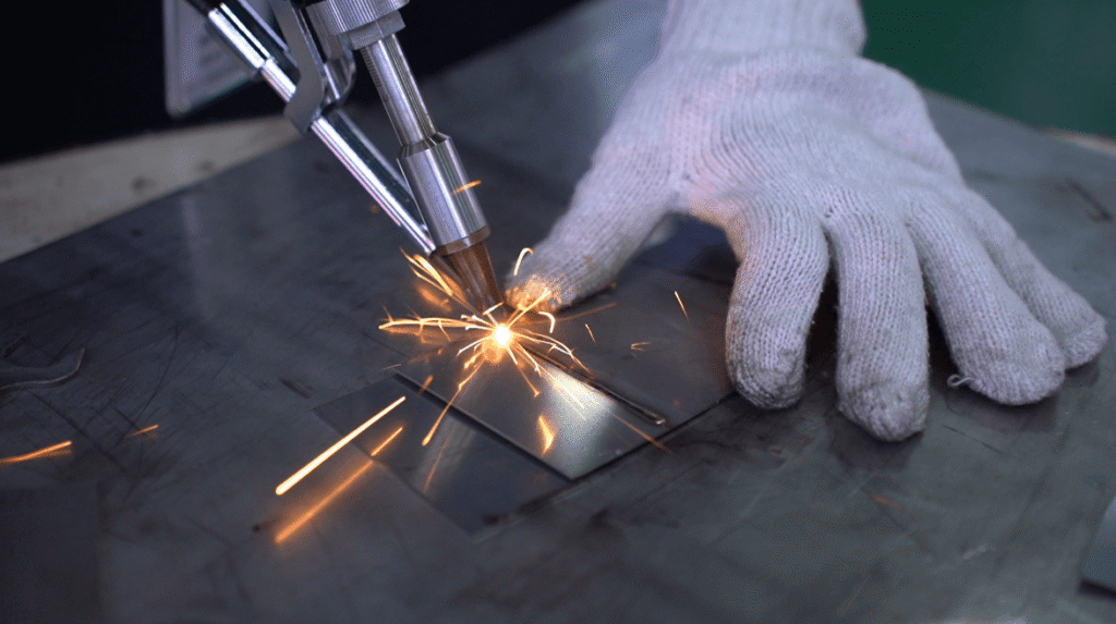 Handheld laser welding torch creating a smooth linear weld seam.