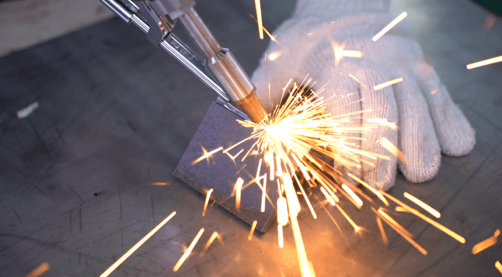 High-power laser welding on corner joint with intense spatter.