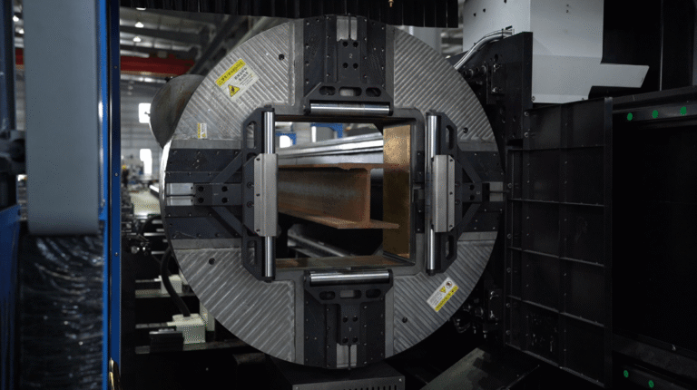 Laser cutting machine chuck holding heavy industrial metal beam.