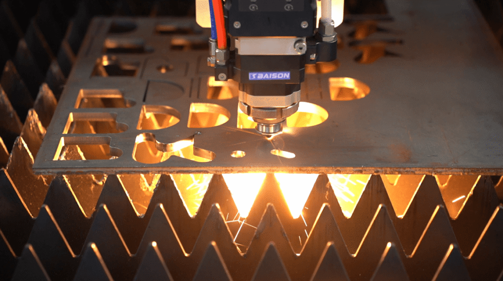 BAISON laser cutting stencil head processing a metal sheet template.