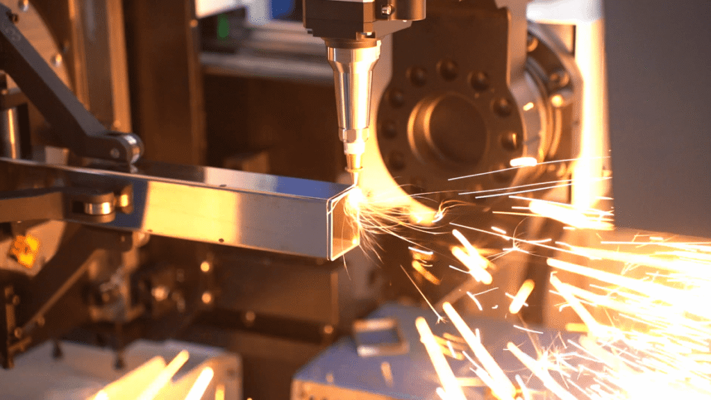 Baison laser head cutting square steel tube.