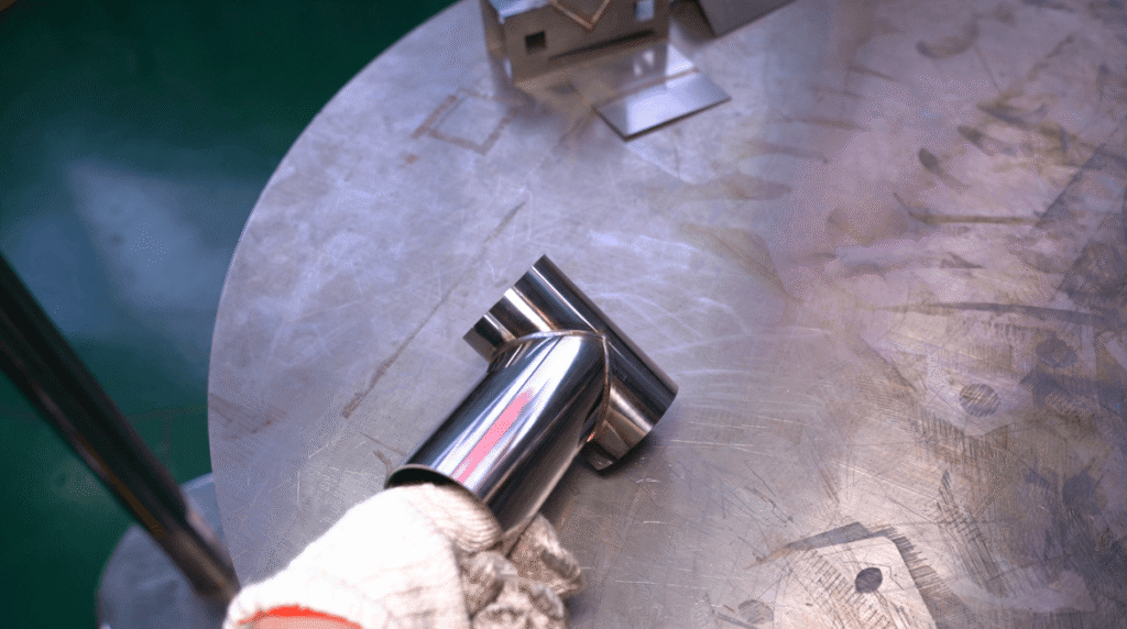 Perfect T-joint laser weld on metal pipes.