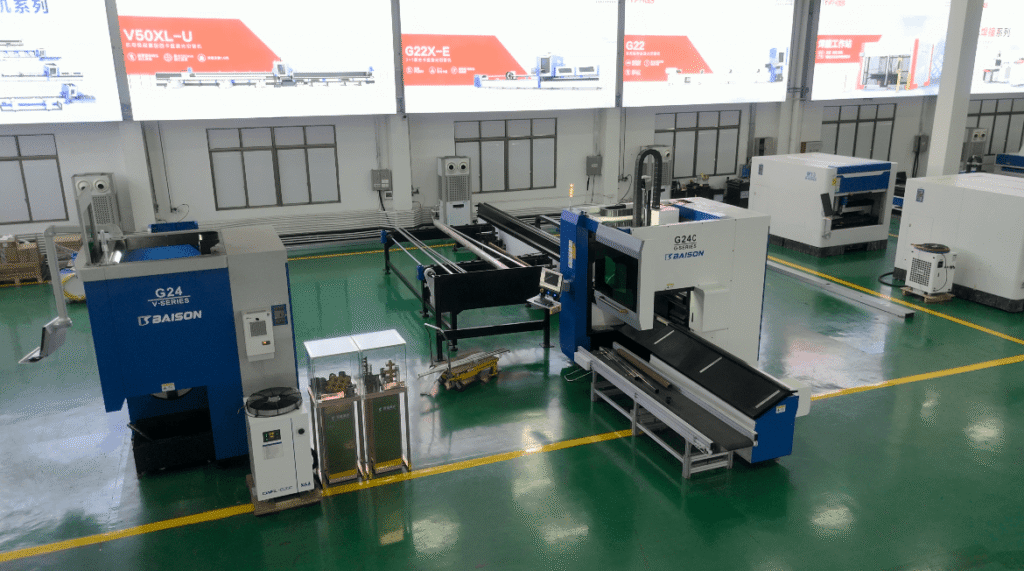 Overview of an industrial factory workshop with Baison laser cutters.