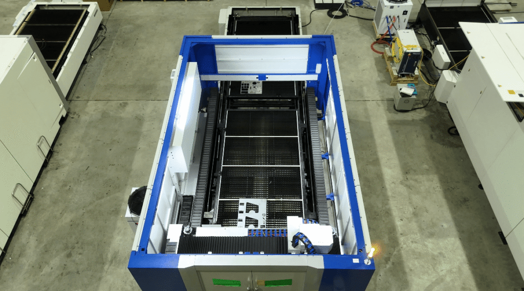 Overhead view of the blue laser cutter's frame.