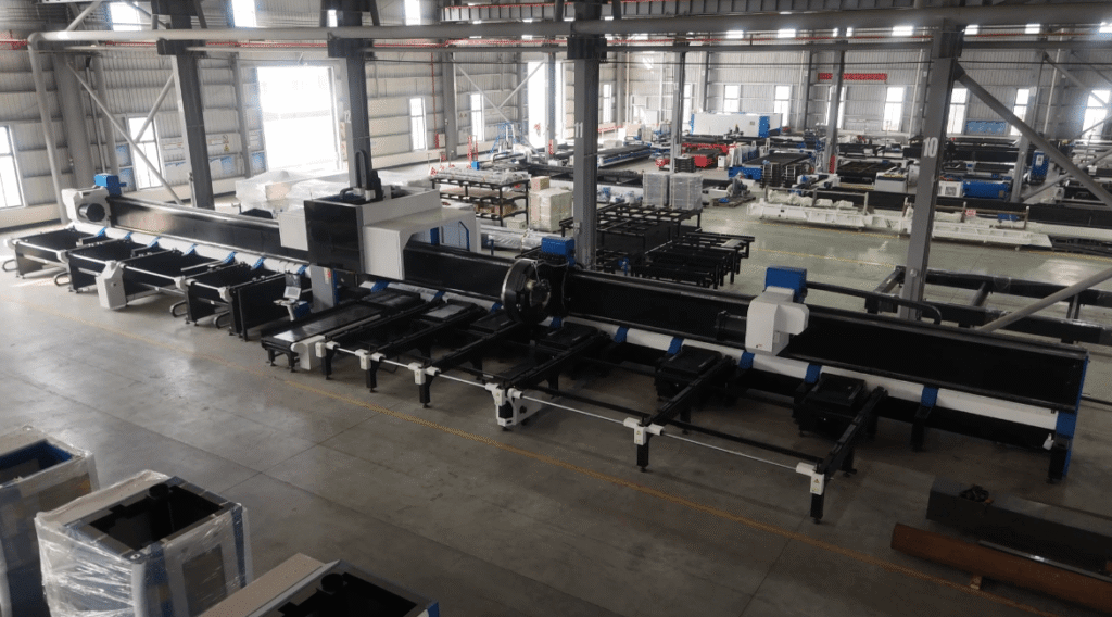 Wide view of multiple long automated production lines.