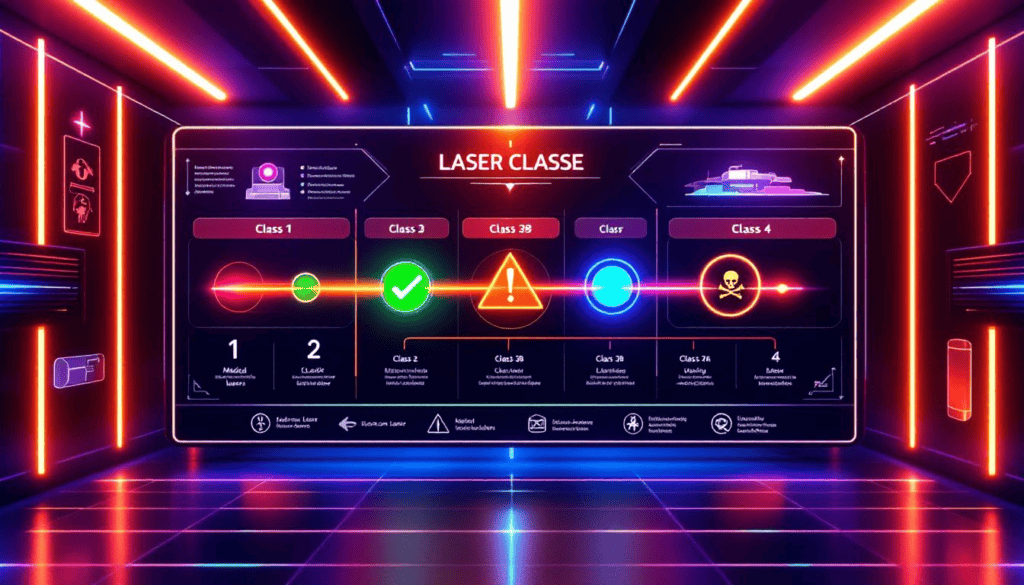 An illustration depicting various laser classes and their safety classifications.