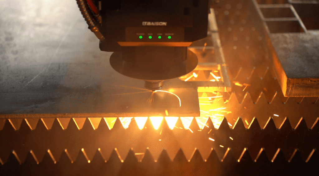 Baison high power fiber laser cutting metal plate with extreme precision.