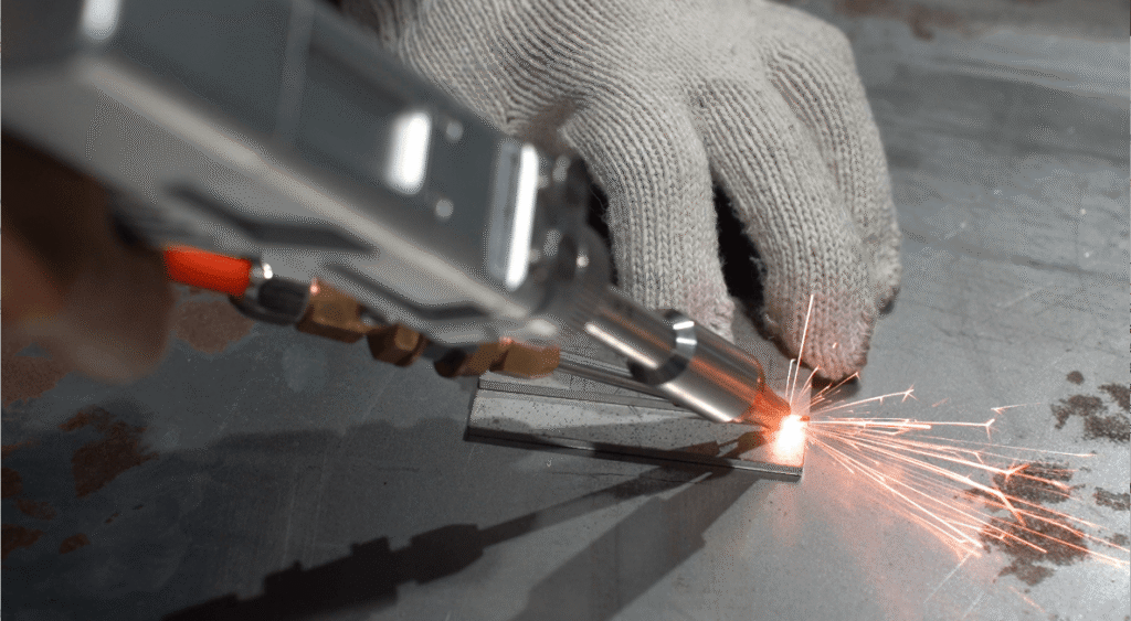 Handheld laser welding gun welding on metal plate with sparks