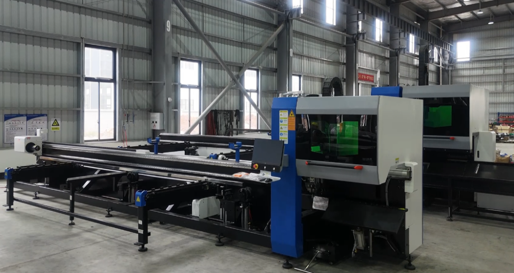 Automatic laser pipe cutters in a factory for automated metal pipe processing.