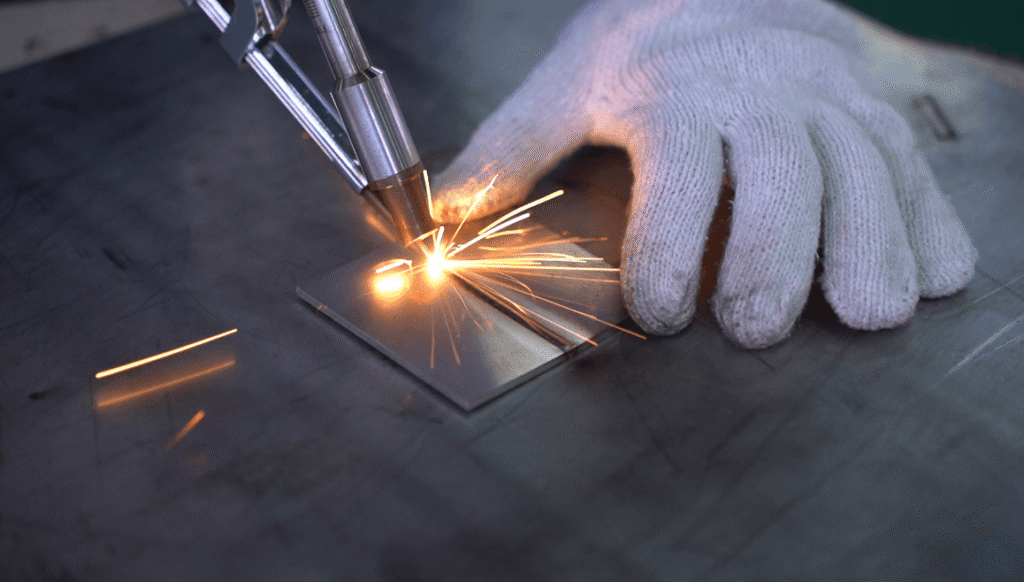 Handheld laser welding process on flat metal sheet
