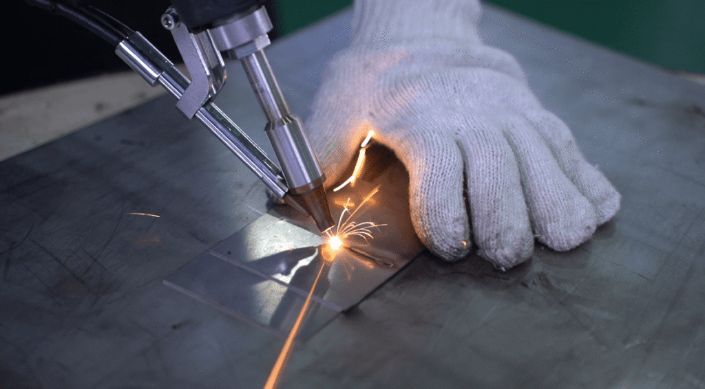 Handheld laser welding torch creating a T-joint weld