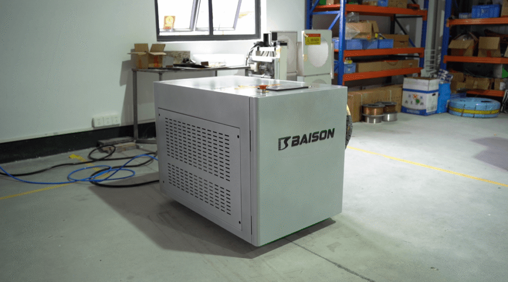 Front-side view of BAISON laser cleaning machine in a workshop.