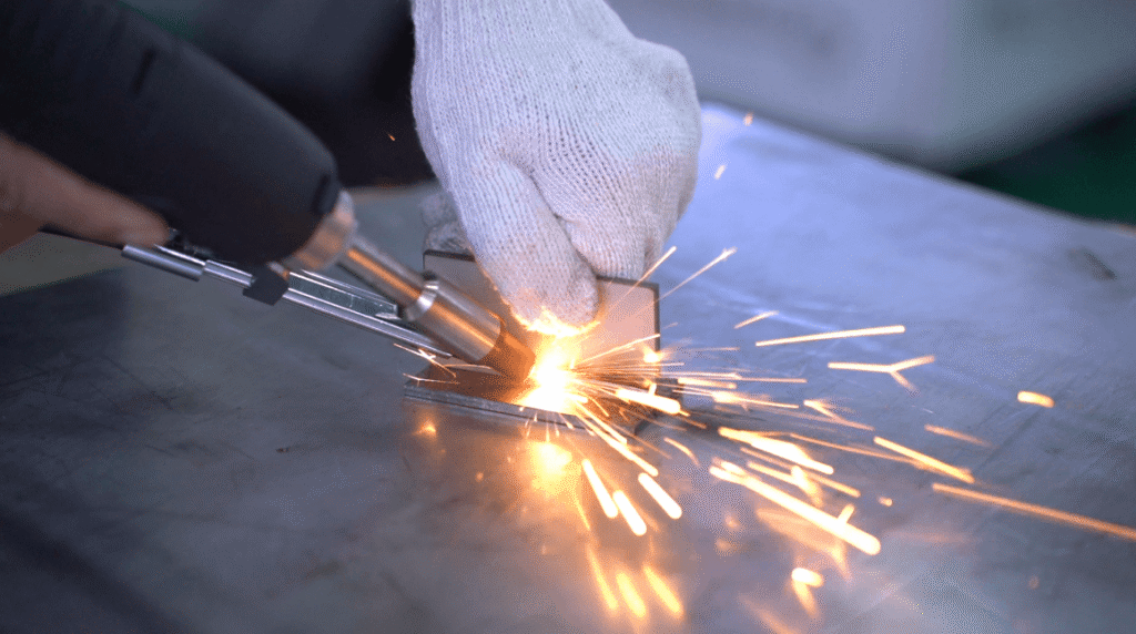 Operator using handheld laser welding gun with sparks