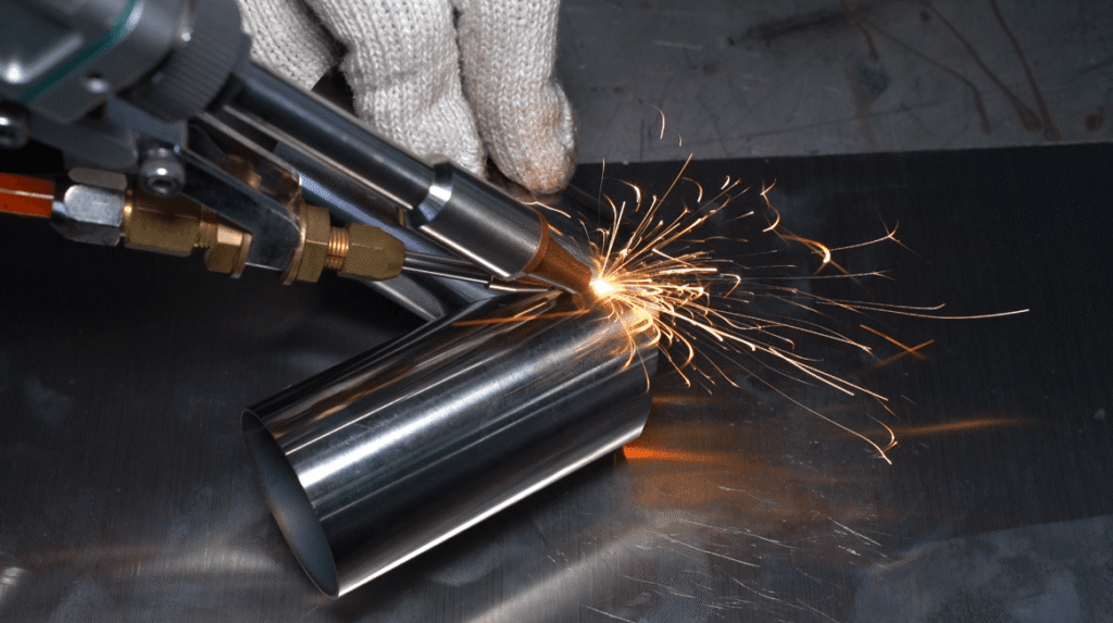 Handheld laser welding a round metal pipe with sparks