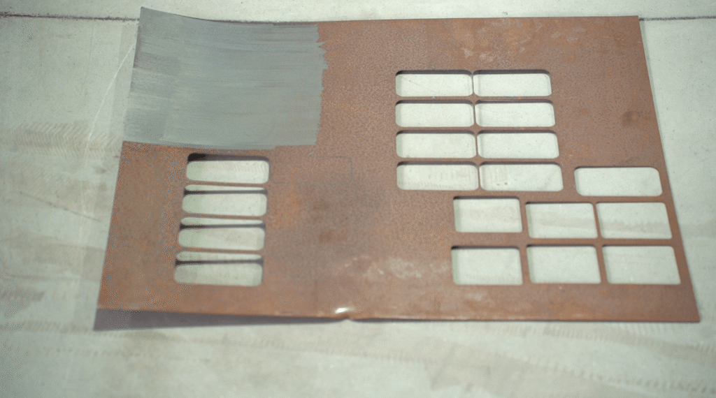 Steel grid plate showing a clean gray area after laser cleaning.
