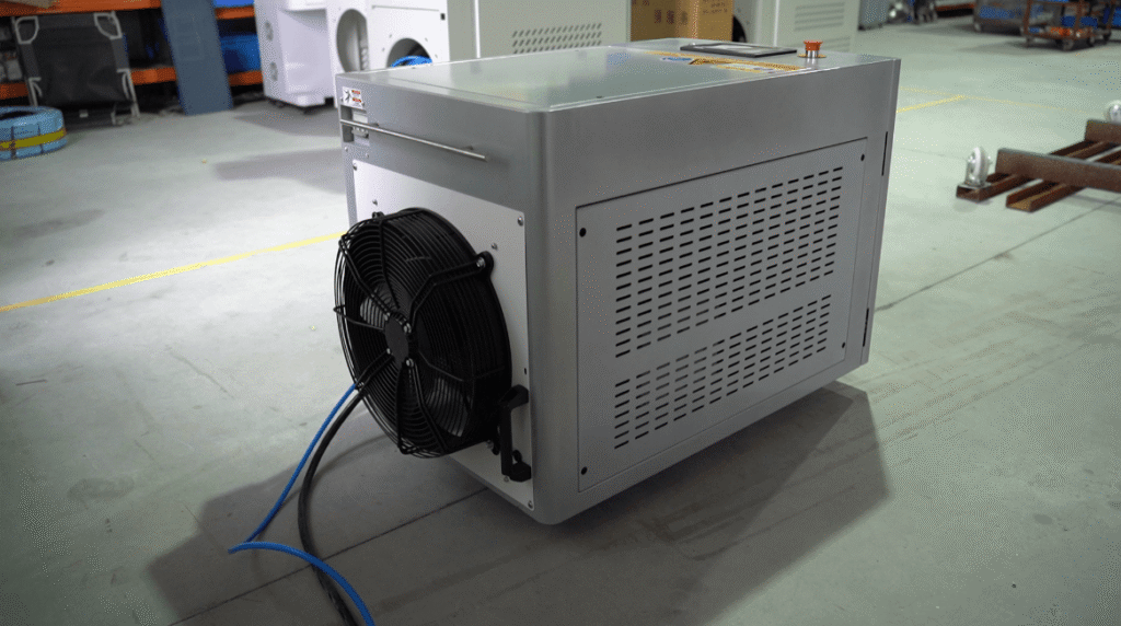 Back-side view of BAISON laser cleaning machine showing the cooling fan.