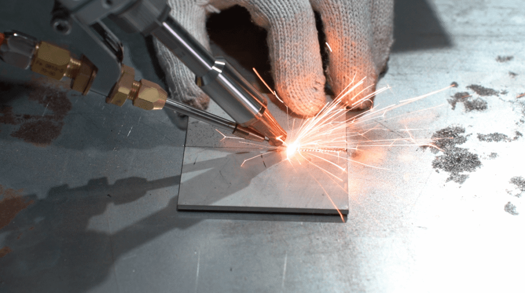 Laserschweißen von Blechen mit Funken.