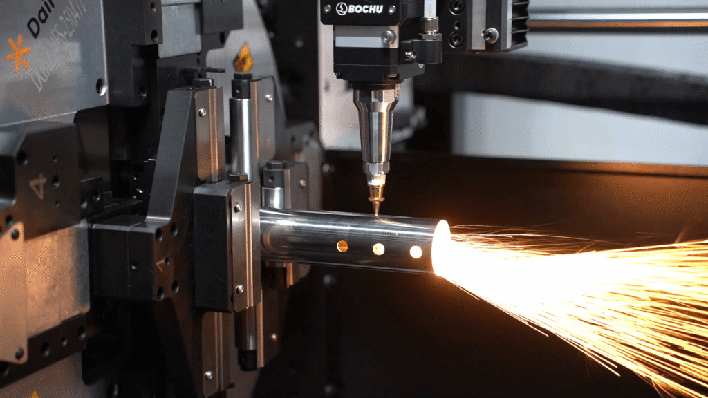 Laser cutting circular tube with sparks.