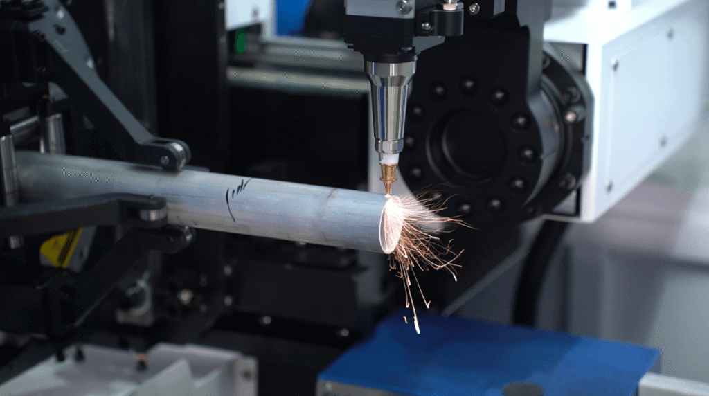 Round tube laser cutting close-up
