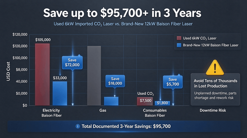 Chart showing $95,700 3-year TCO savings with new 12kW fiber laser