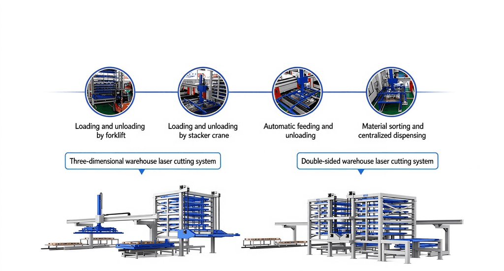Three dimensional automated storage and material sorting system for tube laser