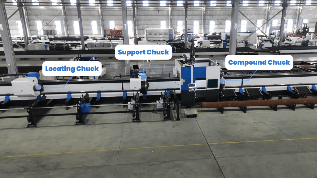 Baison floating 3-chuck setup showing locating support and compound chucks