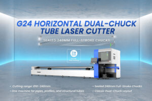 Baison G24 horizontal dual-chuck laser tube cutter for heavy structural steel pipes.