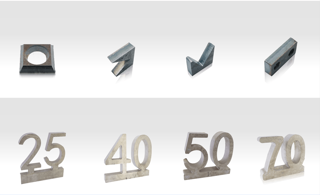 Assorted laser bevel cut samples showing V, Y, and K shaped weld preparations.
