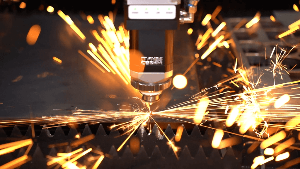 Baison high-powered fiber laser cutting medium-thick carbon steel plates with clean edges.