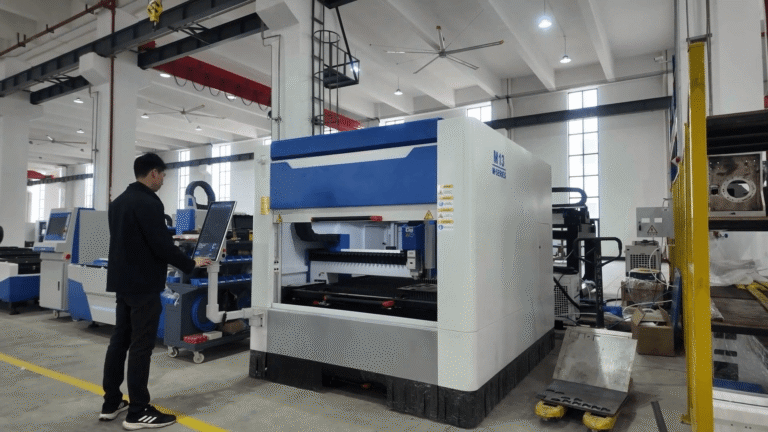 Compact enclosed M13 fiber laser in sheet metal workshop