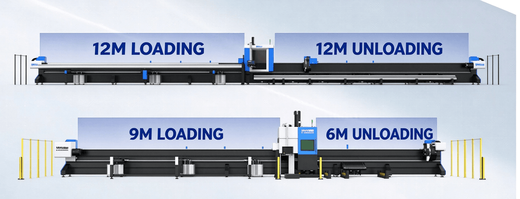 Modular 12m loading and 12m unloading tube laser cutting machine layout option