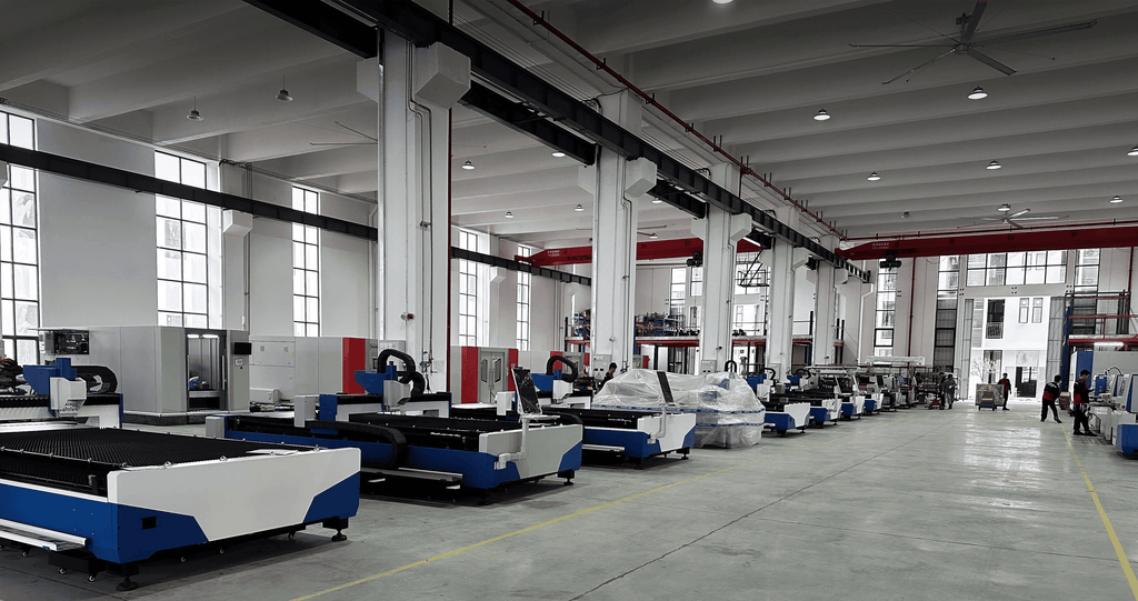 Modern job shop workshop equipped with multiple sheet fiber laser cutters