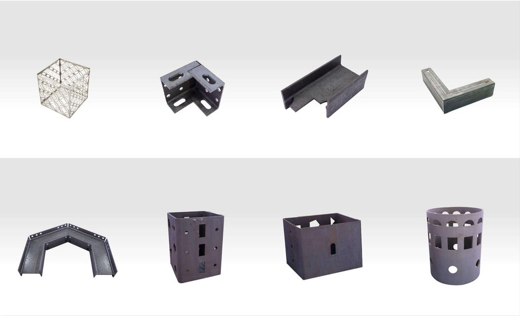 Laser cut metal samples showing complex tube intersecting seams and profiles