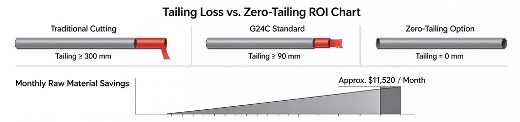 Tailing loss comparison chart between traditional tube cutters and Baison G24C zero-tailing system